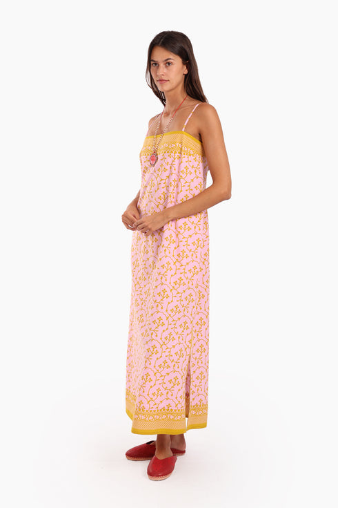 Long Sleeveless printed dress with thin adjustable straps and pockets